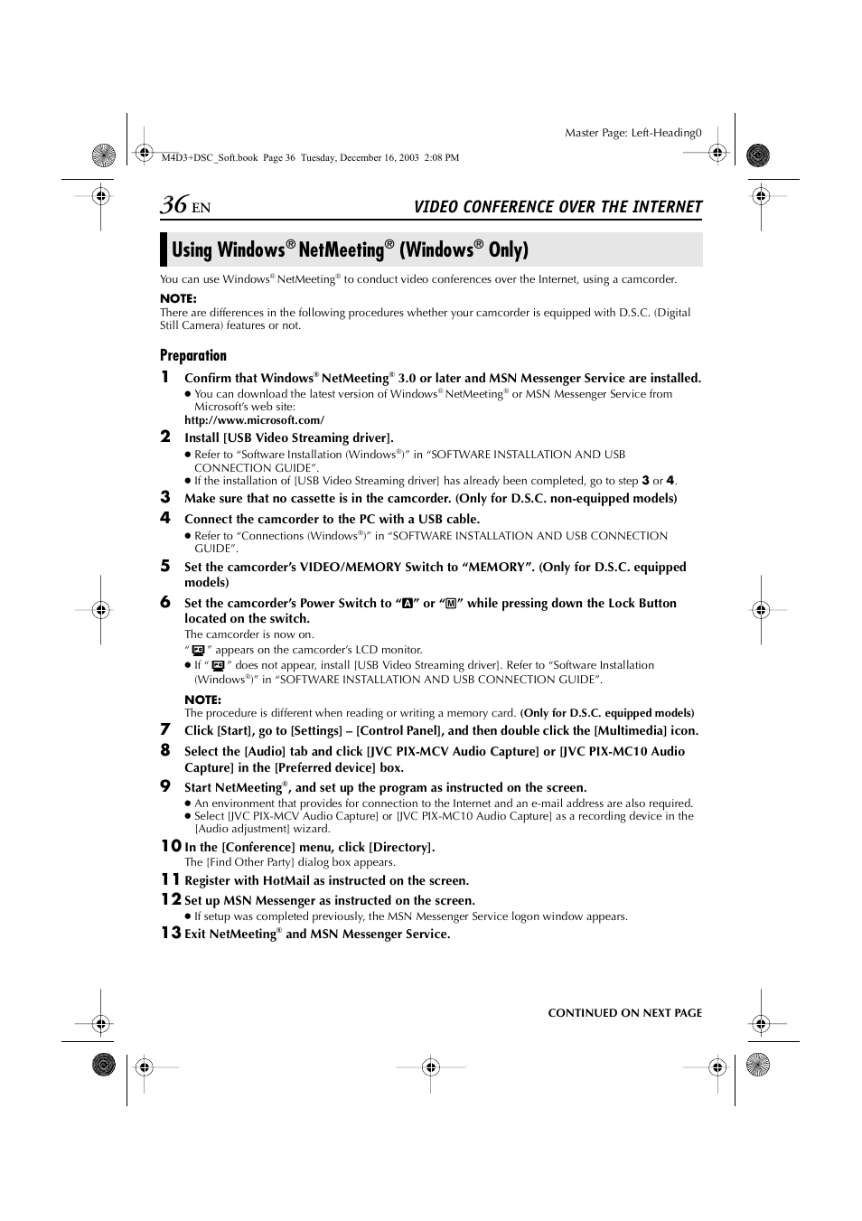 Appendix, Video conference over the internet, Using windows® netmeeting® (windows® only) | Preparation, Using windows, Netmeeting, Windows, Only), Pg. 36), Preparation 1 | JVC ImageMixer 1.7 LYT1282-001A User Manual | Page 36 / 43