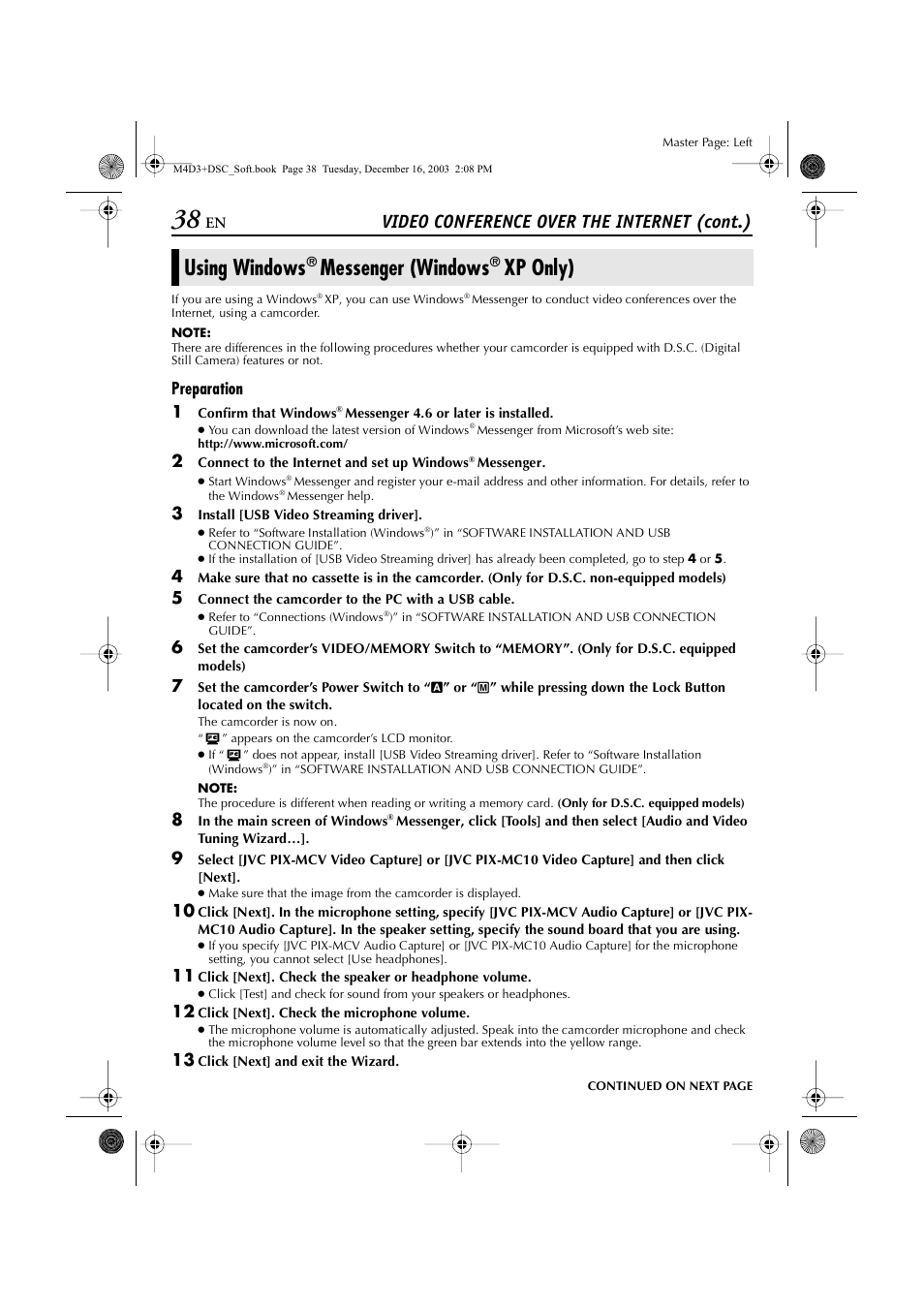 Using windows® messenger (windows® xp only), Preparation, Using windows | Messenger (windows, Xp only), Video conference over the internet (cont.), Preparation 1 | JVC ImageMixer 1.7 LYT1282-001A User Manual | Page 38 / 43