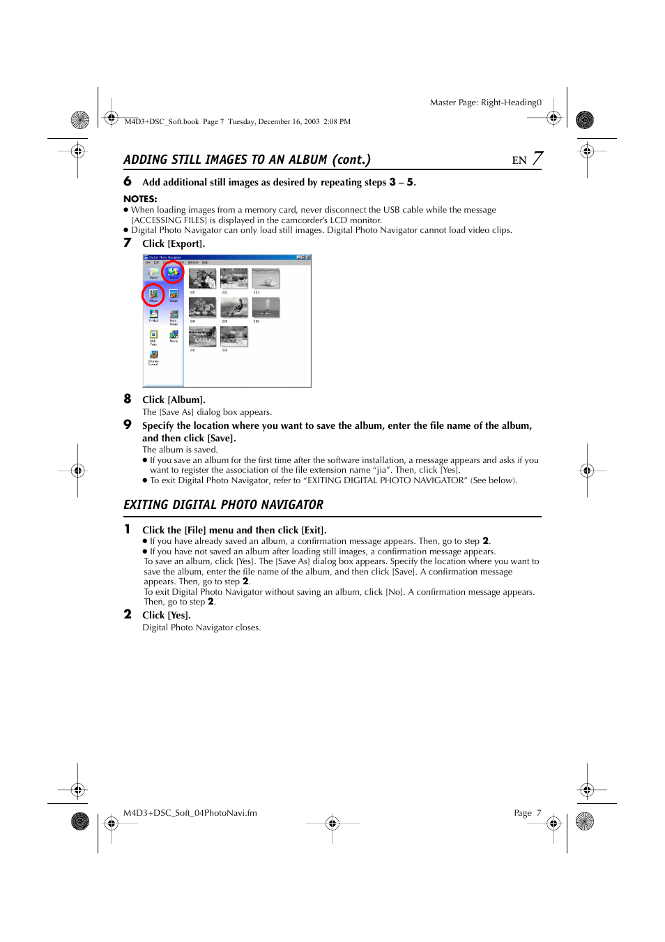 Exiting digital photo navigator, Adding still images to an album (cont.) | JVC ImageMixer 1.7 LYT1282-001A User Manual | Page 7 / 43