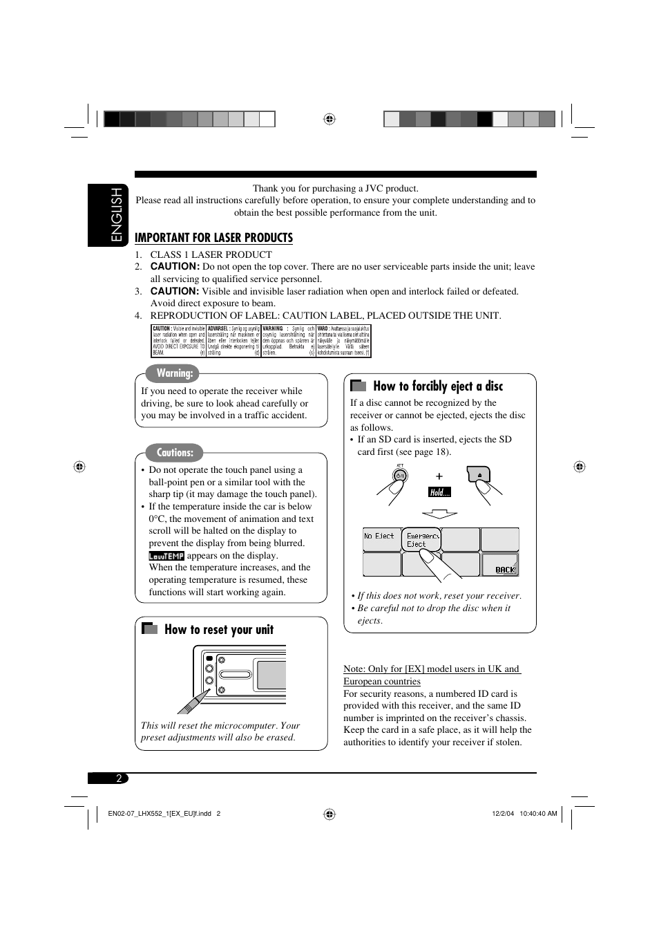 English, How to reset your unit, How to forcibly eject a disc | JVC KD-LHX552 User Manual | Page 2 / 54