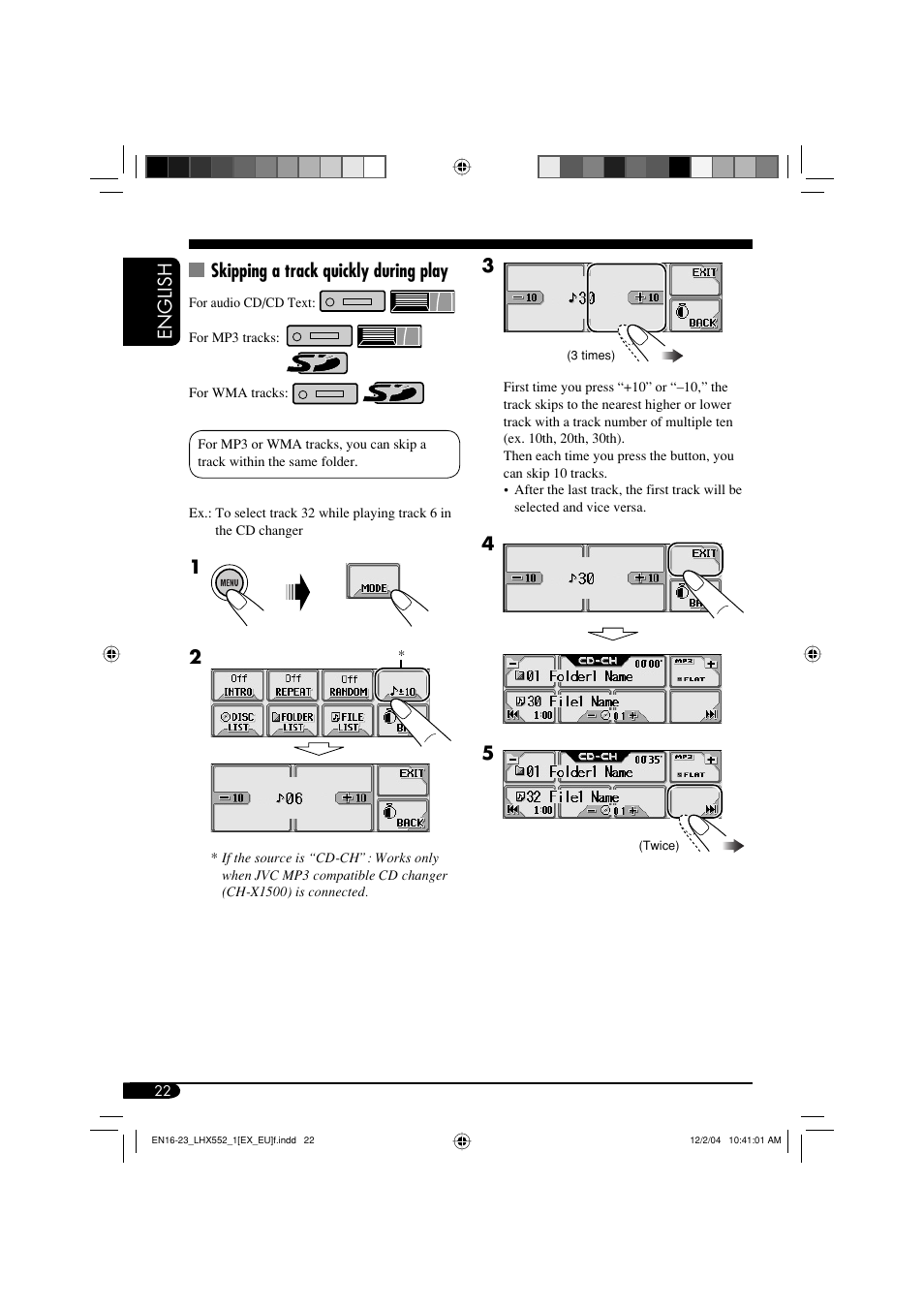 English skipping a track quickly during play | JVC KD-LHX552 User Manual | Page 22 / 54