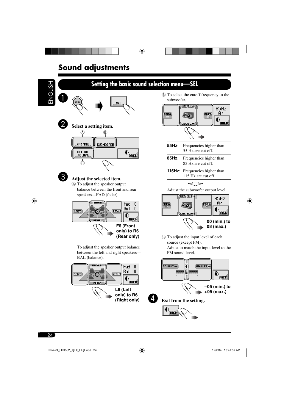 Sound adjustments, Setting the basic sound selection menu—sel | JVC KD-LHX552 User Manual | Page 24 / 54