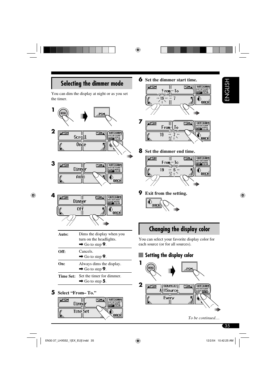 Changing the display color, Selecting the dimmer mode | JVC KD-LHX552 User Manual | Page 35 / 54