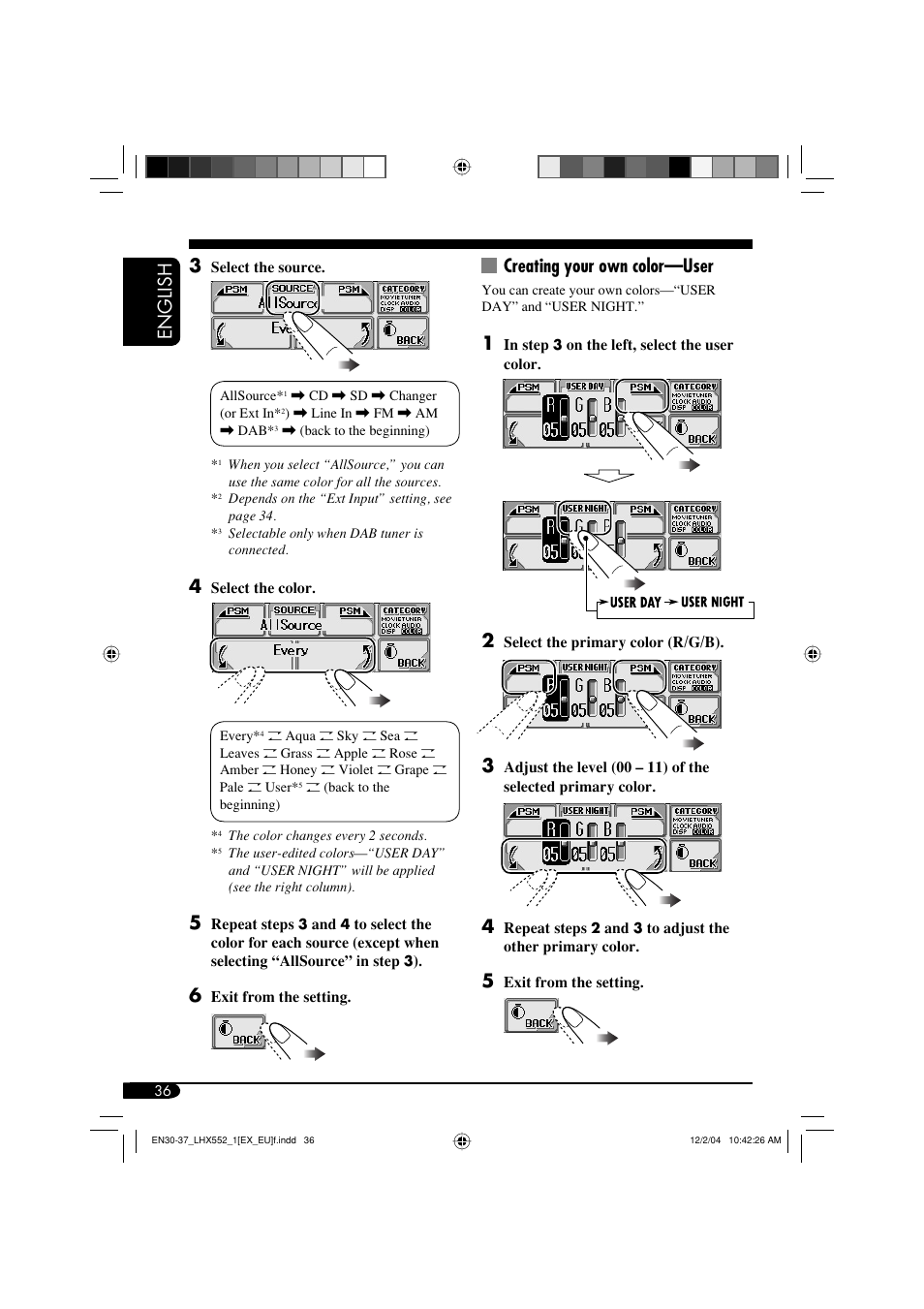 English creating your own color—user | JVC KD-LHX552 User Manual | Page 36 / 54