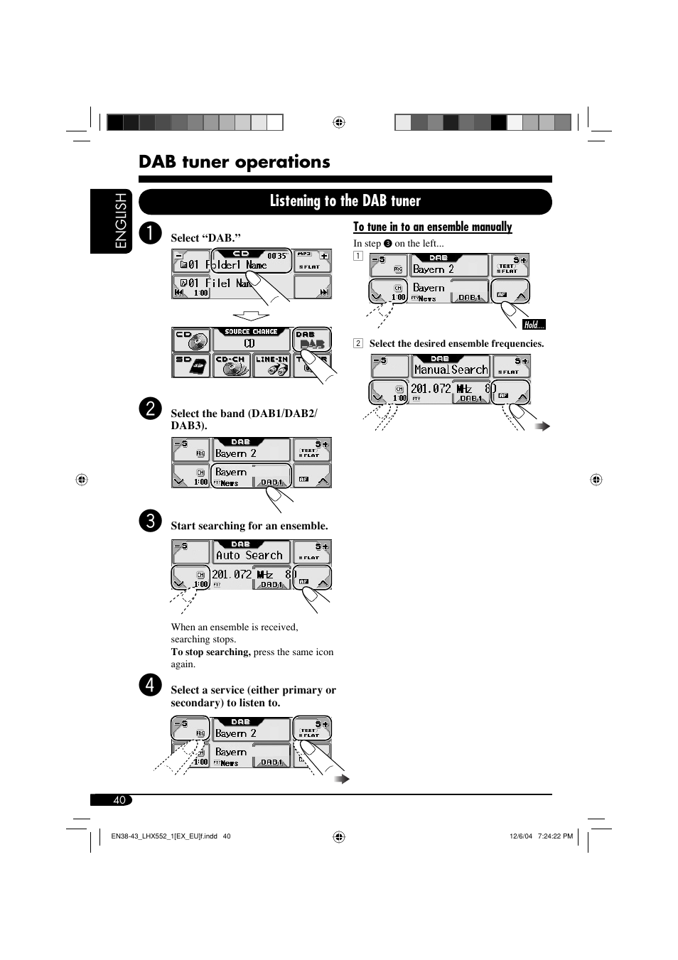 Dab tuner operations, Listening to the dab tuner | JVC KD-LHX552 User Manual | Page 40 / 54