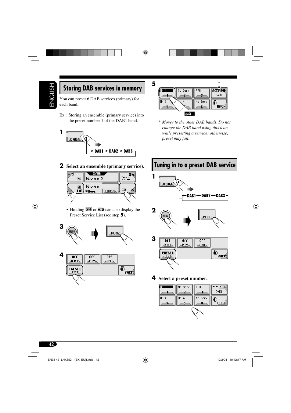 Tuning in to a preset dab service | JVC KD-LHX552 User Manual | Page 42 / 54