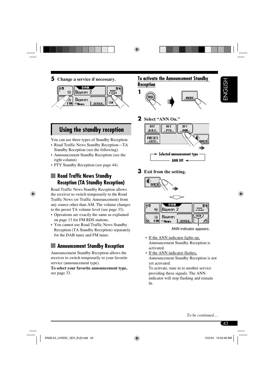 Using the standby reception, English 5, Announcement standby reception | JVC KD-LHX552 User Manual | Page 43 / 54