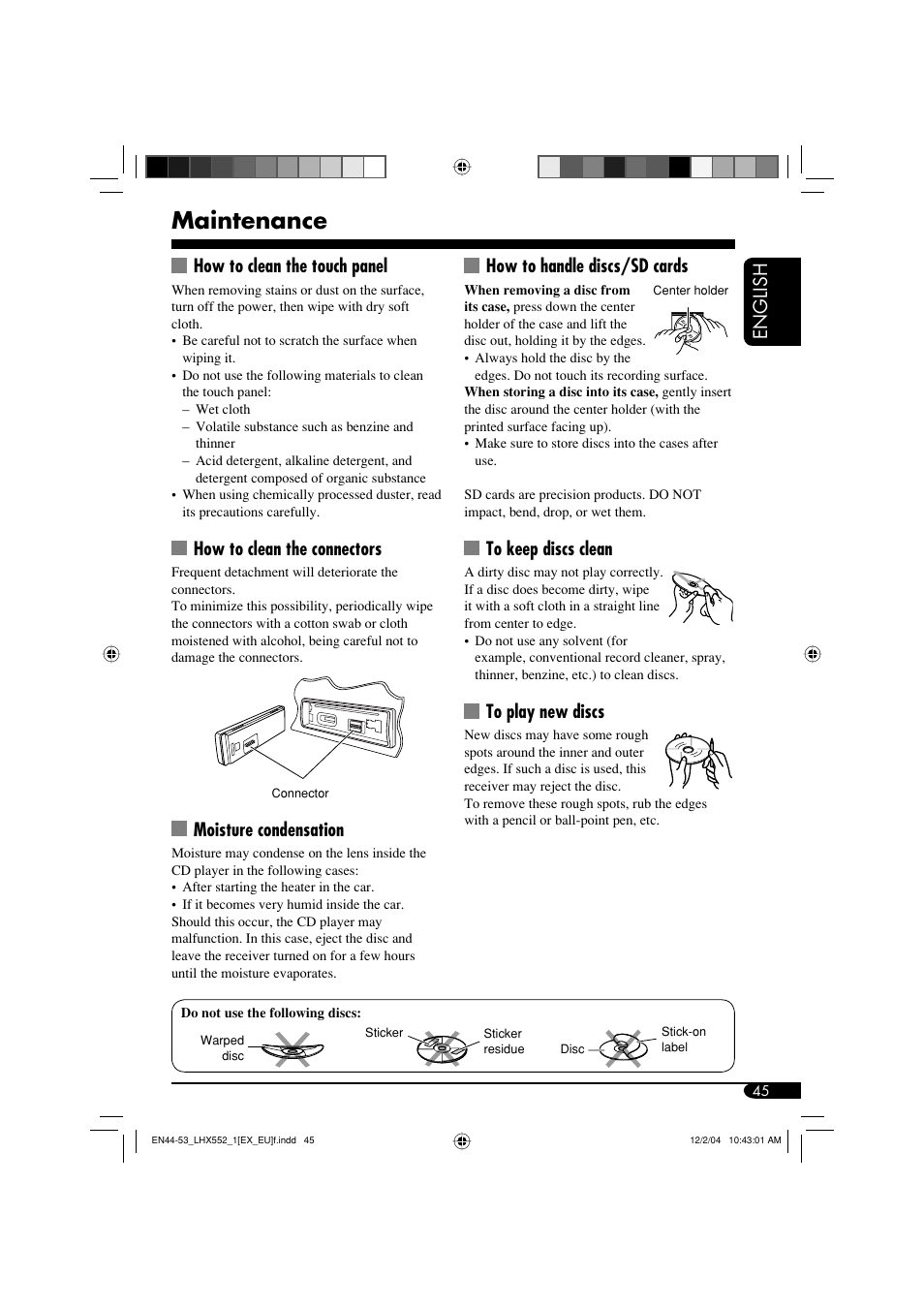 Maintenance, English how to clean the touch panel, How to clean the connectors | Moisture condensation, How to handle discs/sd cards | JVC KD-LHX552 User Manual | Page 45 / 54