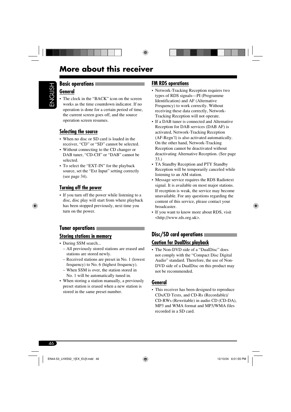 More about this receiver, English, Basic operations | Tuner operations, Disc/sd card operations | JVC KD-LHX552 User Manual | Page 46 / 54