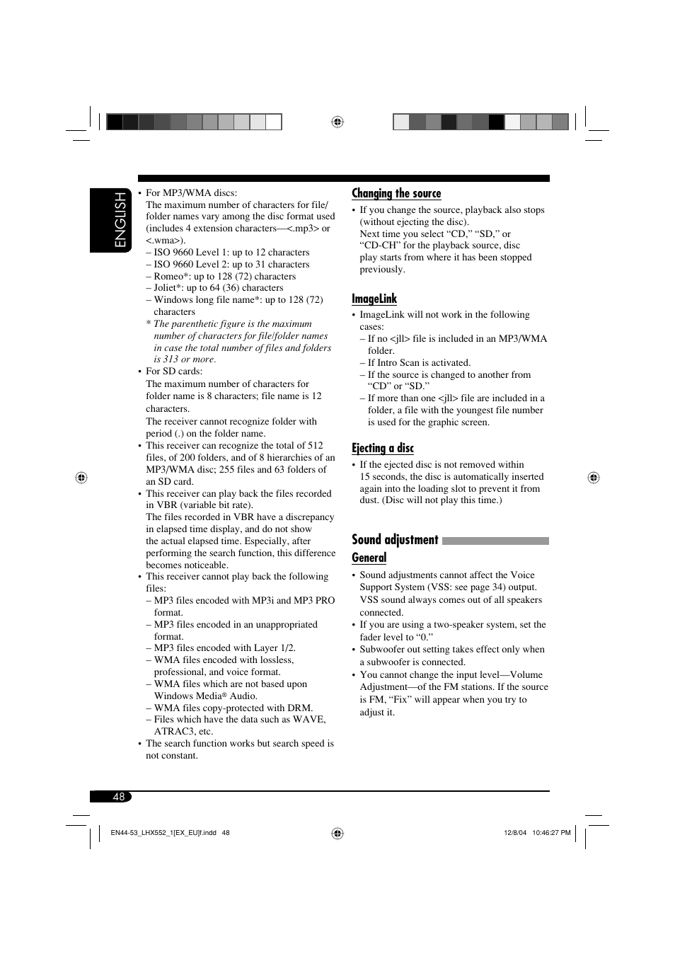 English, Sound adjustment | JVC KD-LHX552 User Manual | Page 48 / 54