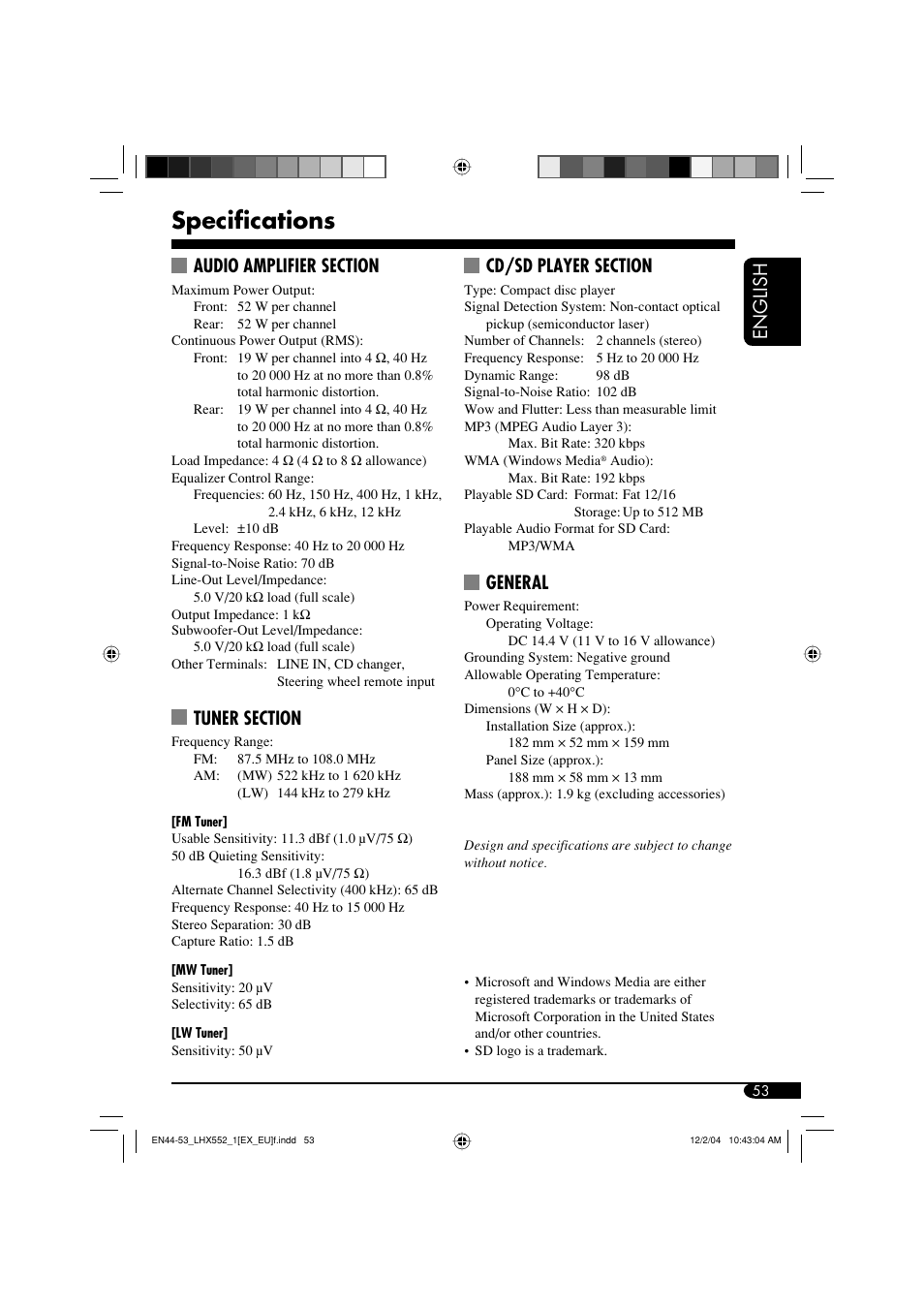 Specifications, English, General | JVC KD-LHX552 User Manual | Page 53 / 54