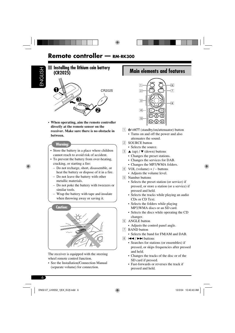 Remote controller, Main elements and features, English | Installing the lithium coin battery (cr2025) | JVC KD-LHX552 User Manual | Page 6 / 54