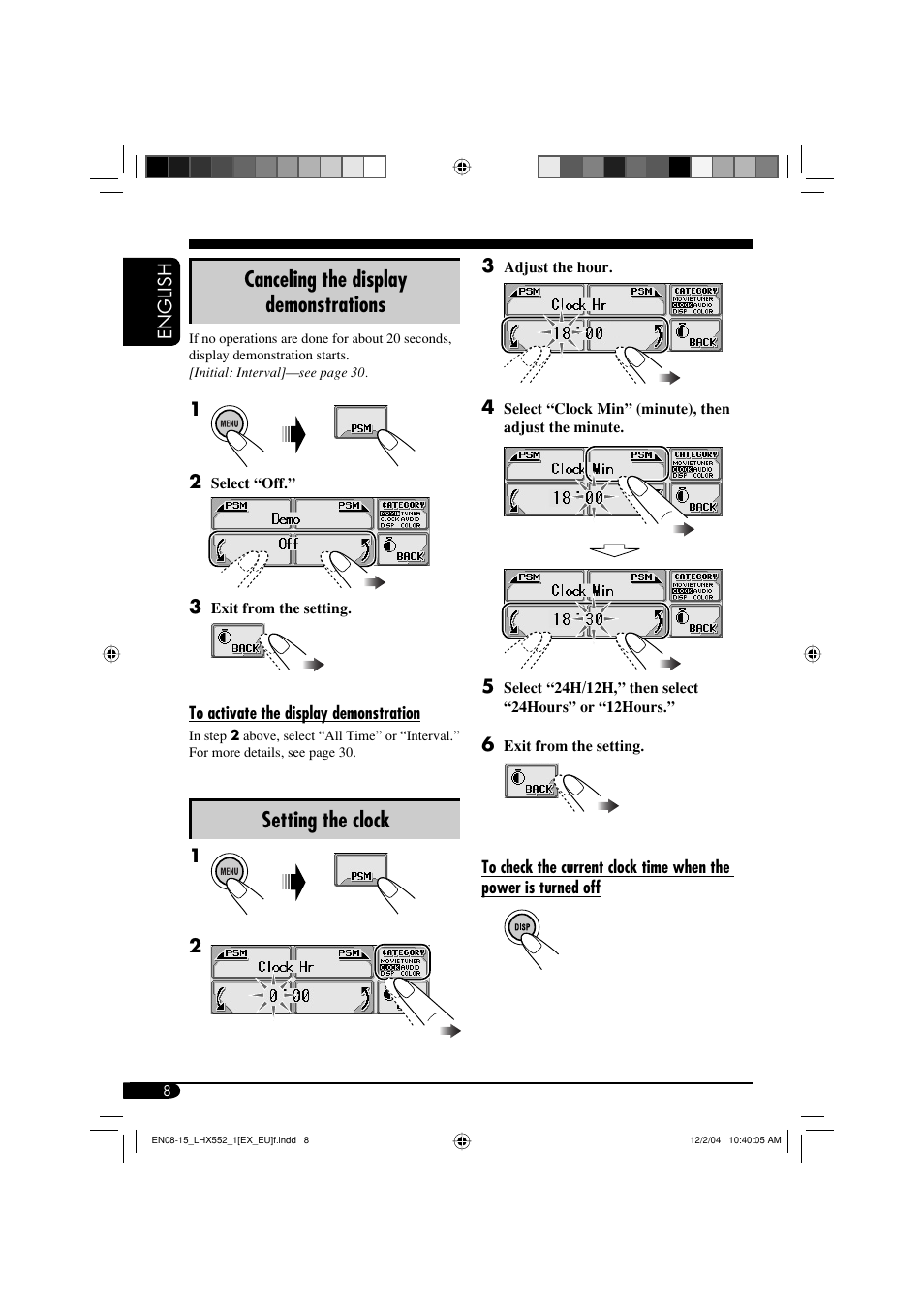 Canceling the display demonstrations, Setting the clock | JVC KD-LHX552 User Manual | Page 8 / 54