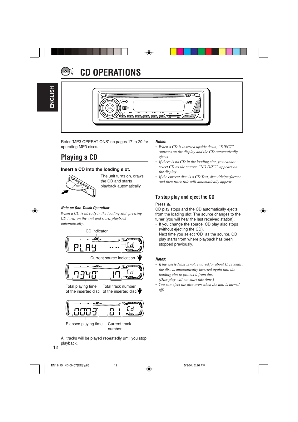 Cd operations, Playing a cd | JVC KD-G407 User Manual | Page 12 / 36