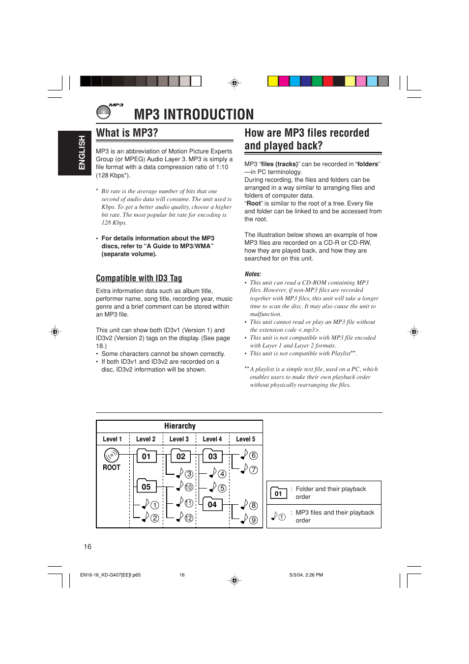 Mp3 introduction, What is mp3, How are mp3 files recorded and played back | Compatible with id3 tag | JVC KD-G407 User Manual | Page 16 / 36