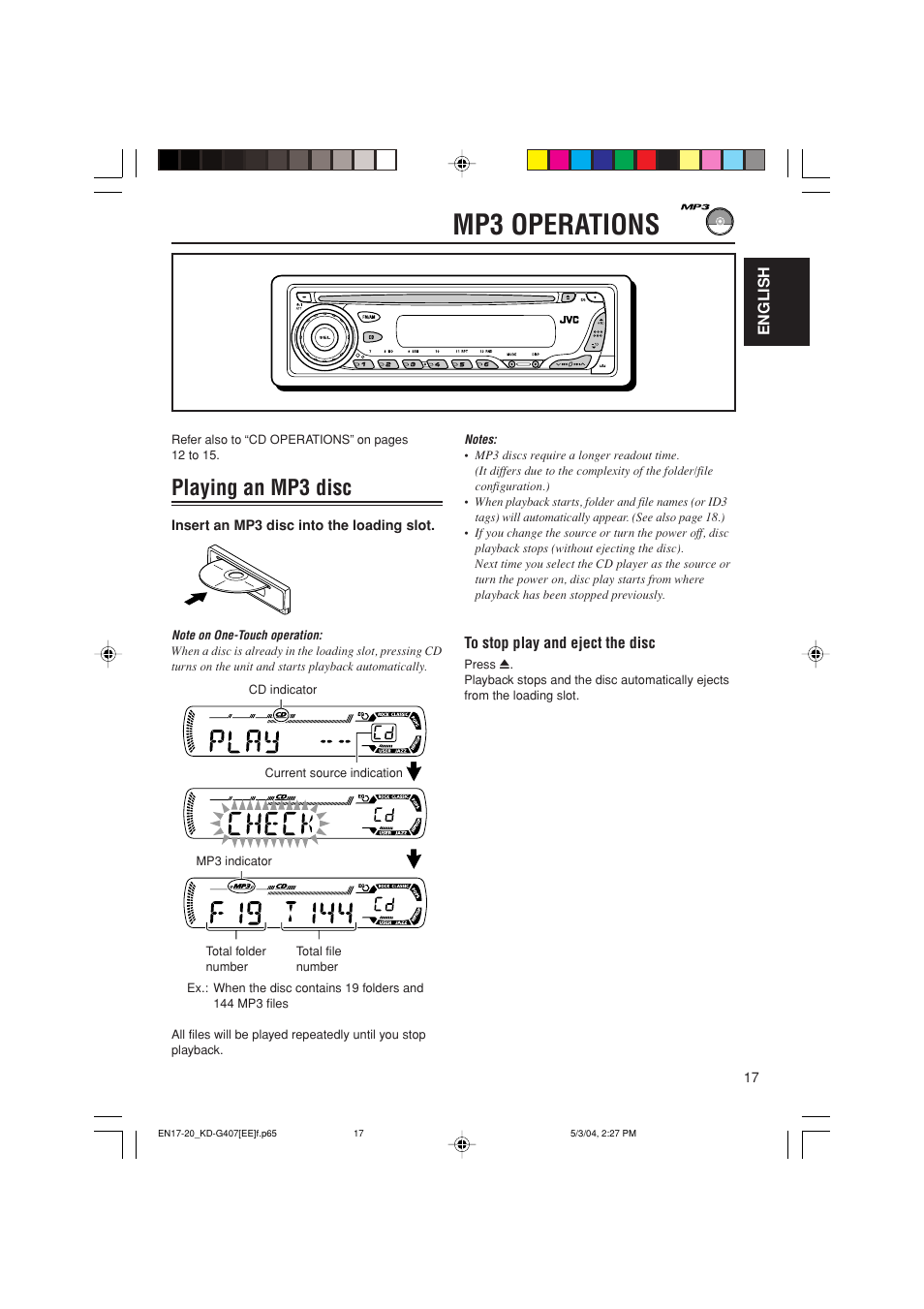 Mp3 operations, Playing an mp3 disc | JVC KD-G407 User Manual | Page 17 / 36