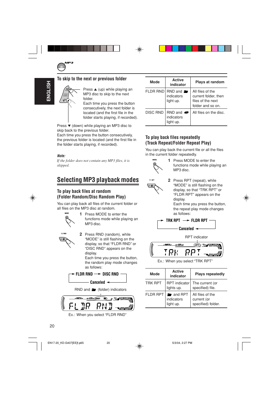 Selecting mp3 playback modes | JVC KD-G407 User Manual | Page 20 / 36