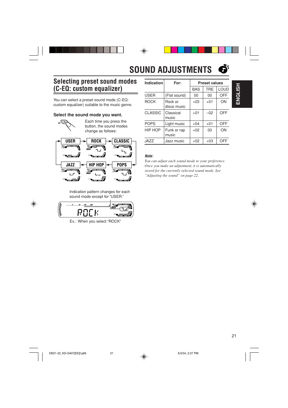 Sound adjustments | JVC KD-G407 User Manual | Page 21 / 36