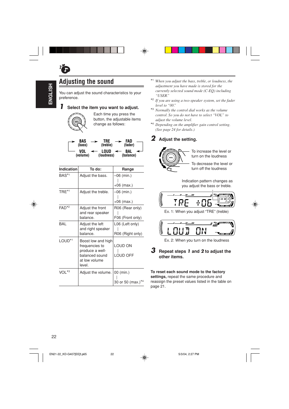 Adjusting the sound, English | JVC KD-G407 User Manual | Page 22 / 36