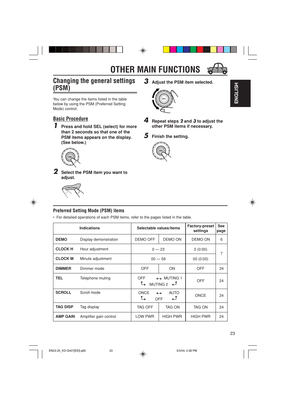 Other main functions, Changing the general settings (psm), Basic procedure | JVC KD-G407 User Manual | Page 23 / 36