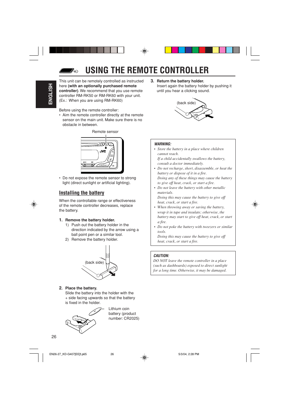 Using the remote controller, Installing the battery | JVC KD-G407 User Manual | Page 26 / 36