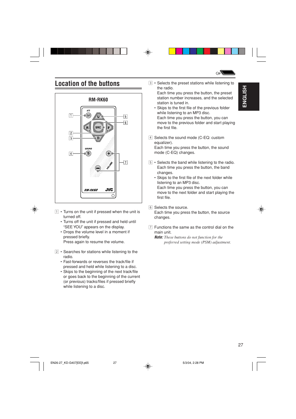 Location of the buttons, English, Rm-rk60 | JVC KD-G407 User Manual | Page 27 / 36