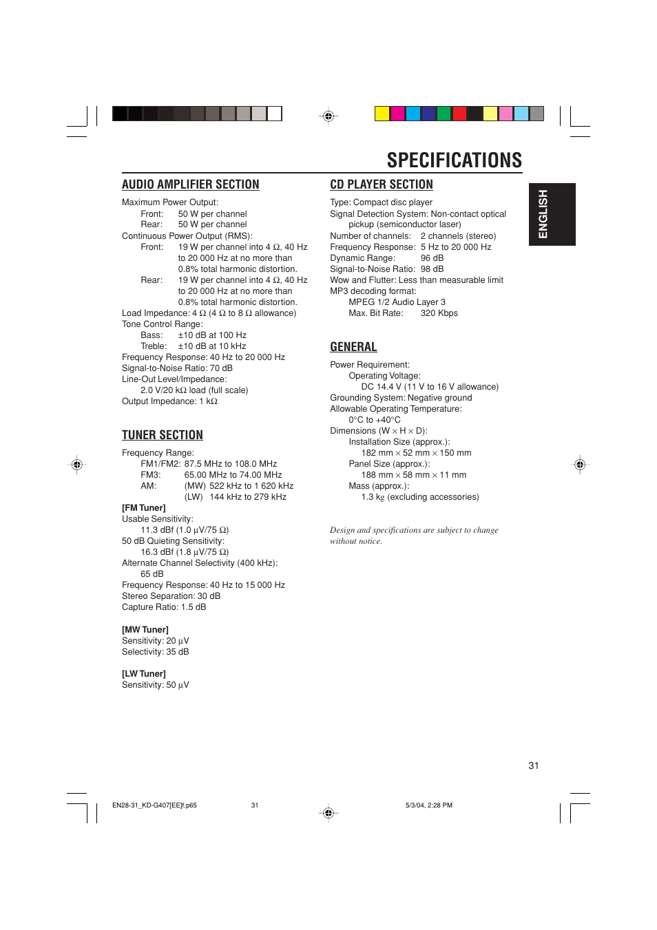 Specifications, General, English | JVC KD-G407 User Manual | Page 31 / 36