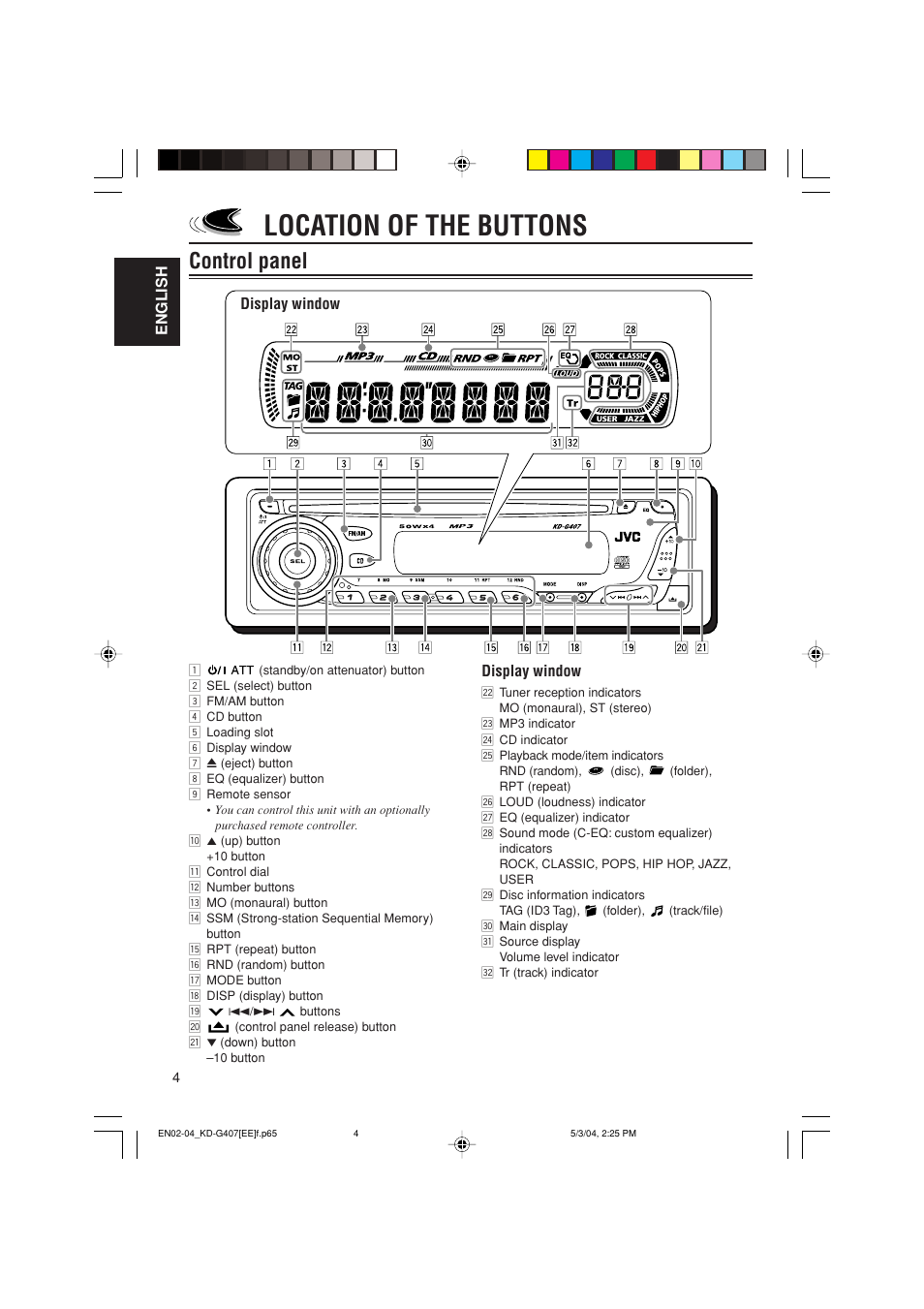 Location of the buttons, Control panel, English | Display window | JVC KD-G407 User Manual | Page 4 / 36