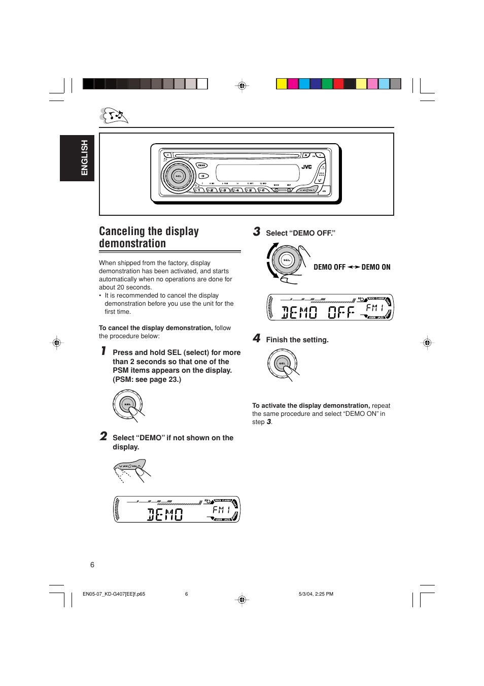 Canceling the display demonstration | JVC KD-G407 User Manual | Page 6 / 36