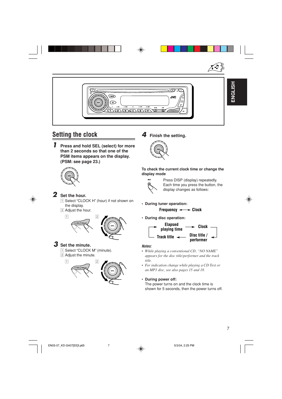 Setting the clock 1 | JVC KD-G407 User Manual | Page 7 / 36