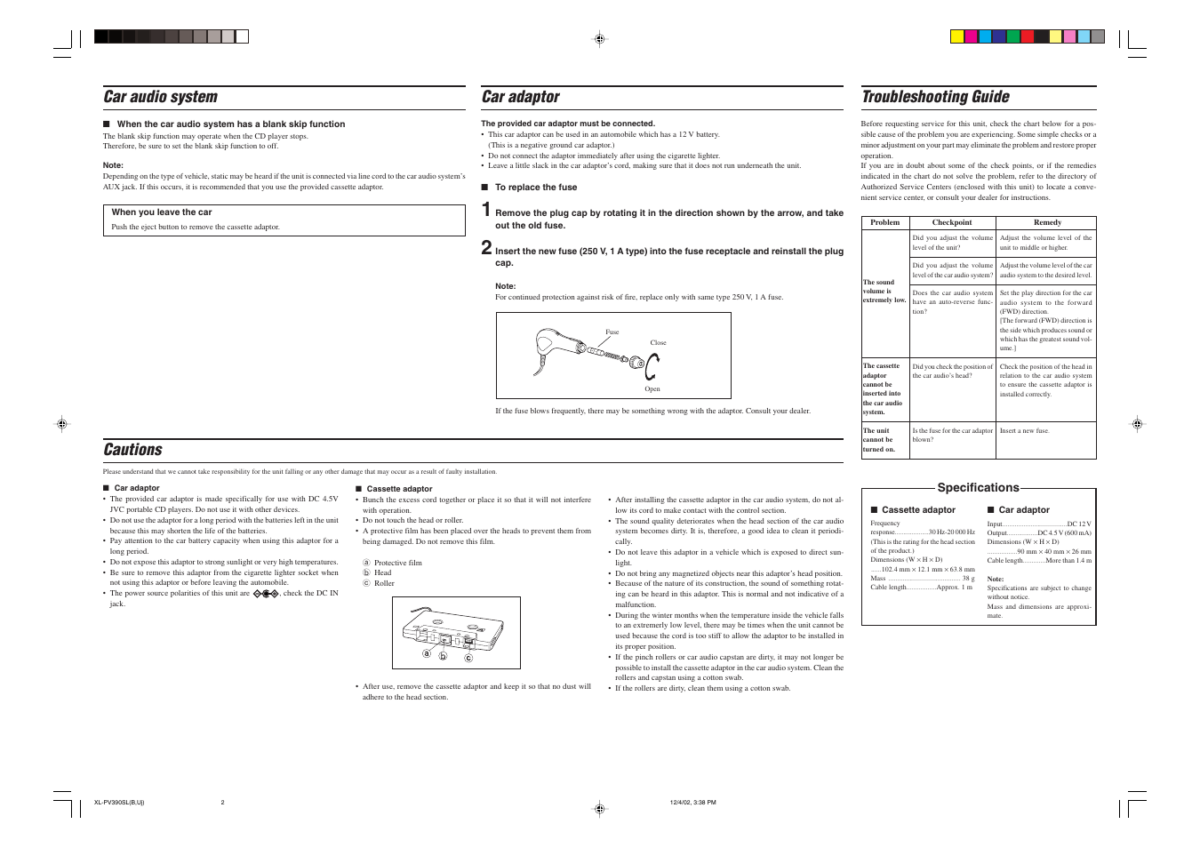 Car audio system, Car adaptor, Troubleshooting guide | Cautions | JVC LVT1026-007A User Manual | Page 2 / 2