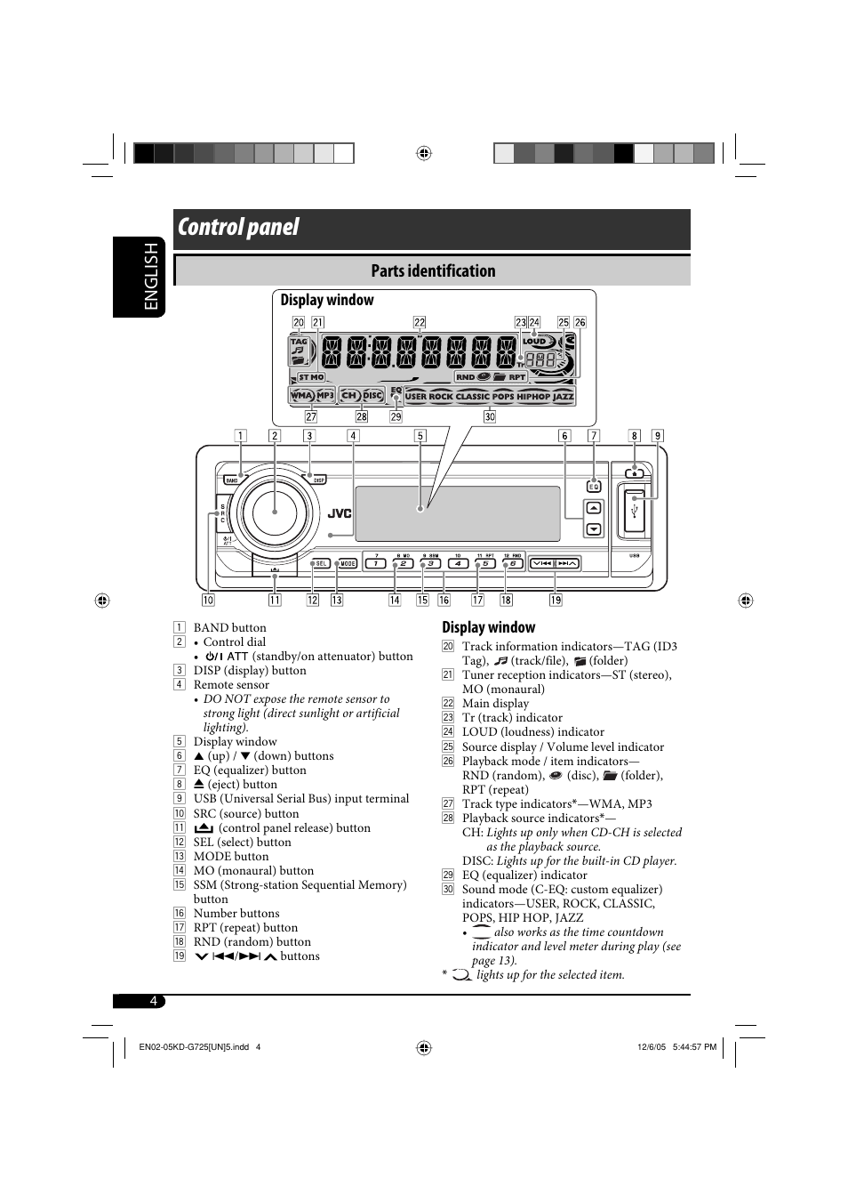 Control panel, English, Parts identification | Display window | JVC KD-G720 User Manual | Page 100 / 256