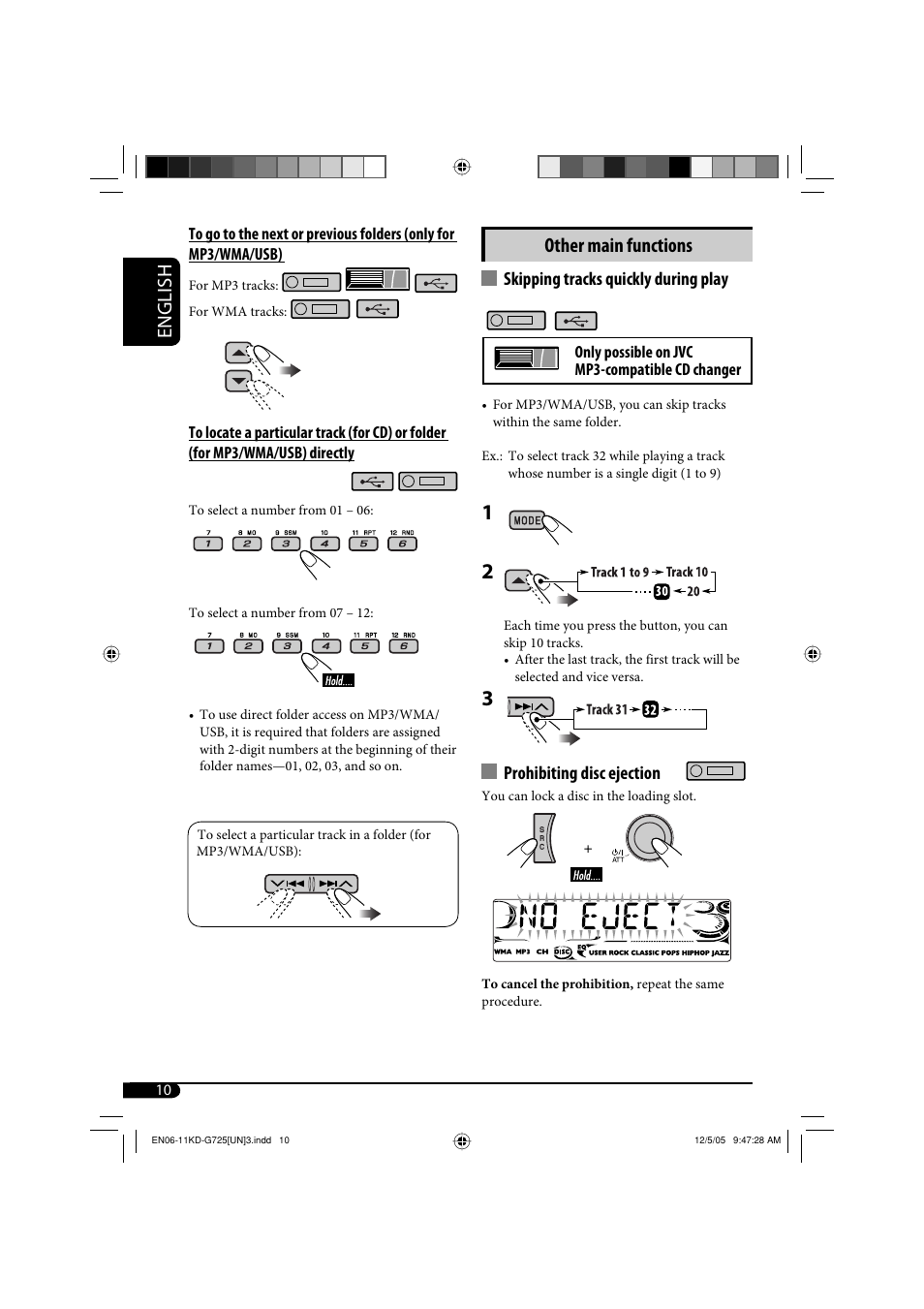 English other main functions, Skipping tracks quickly during play, Prohibiting disc ejection | JVC KD-G720 User Manual | Page 106 / 256