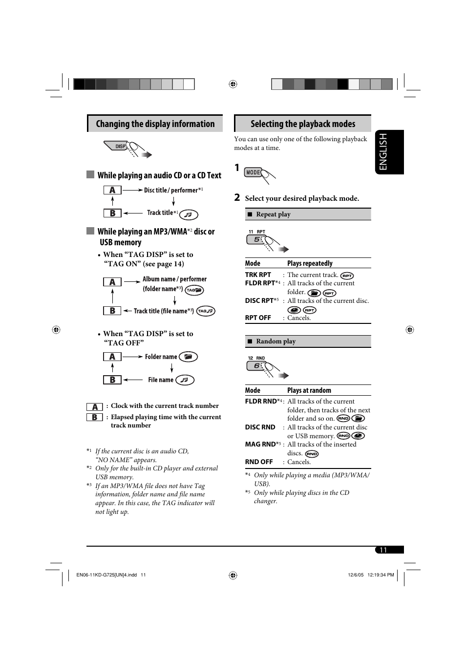 English changing the display information, Selecting the playback modes | JVC KD-G720 User Manual | Page 107 / 256