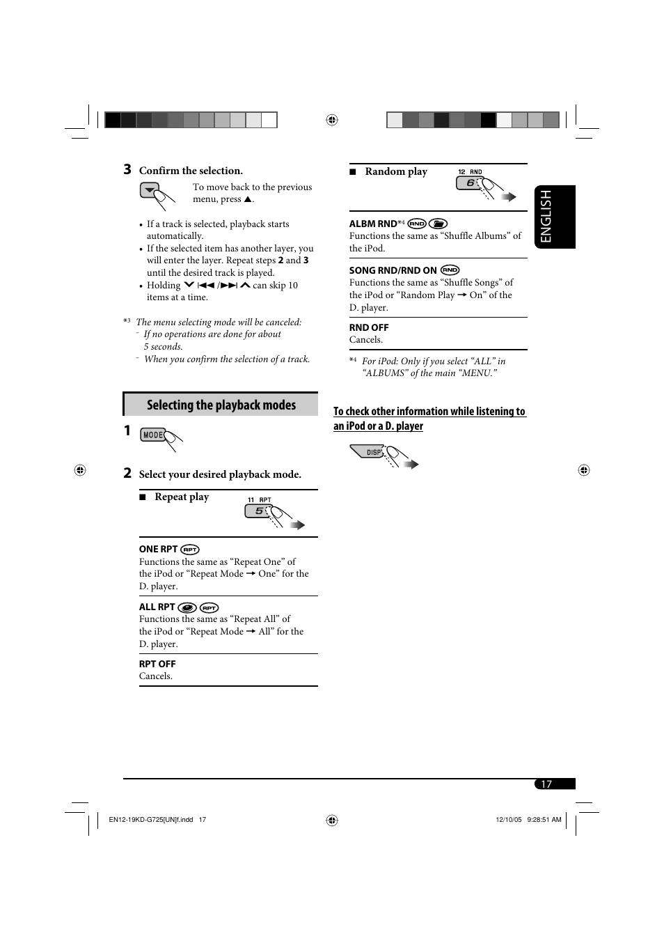 English, Selecting the playback modes | JVC KD-G720 User Manual | Page 113 / 256