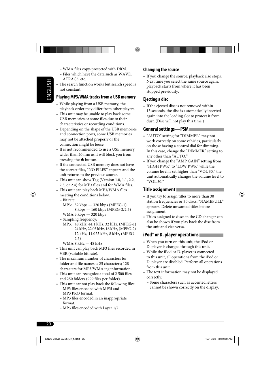 English, General settings—psm, Title assignment | Ipod® or d. player operations | JVC KD-G720 User Manual | Page 116 / 256