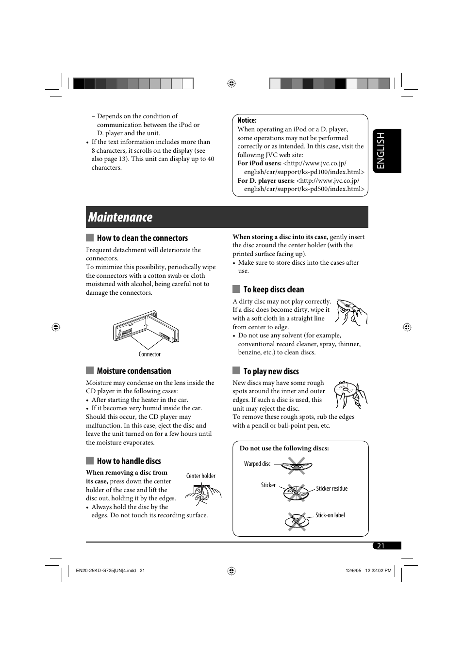 Maintenance, English, How to clean the connectors | Moisture condensation, How to handle discs | JVC KD-G720 User Manual | Page 117 / 256