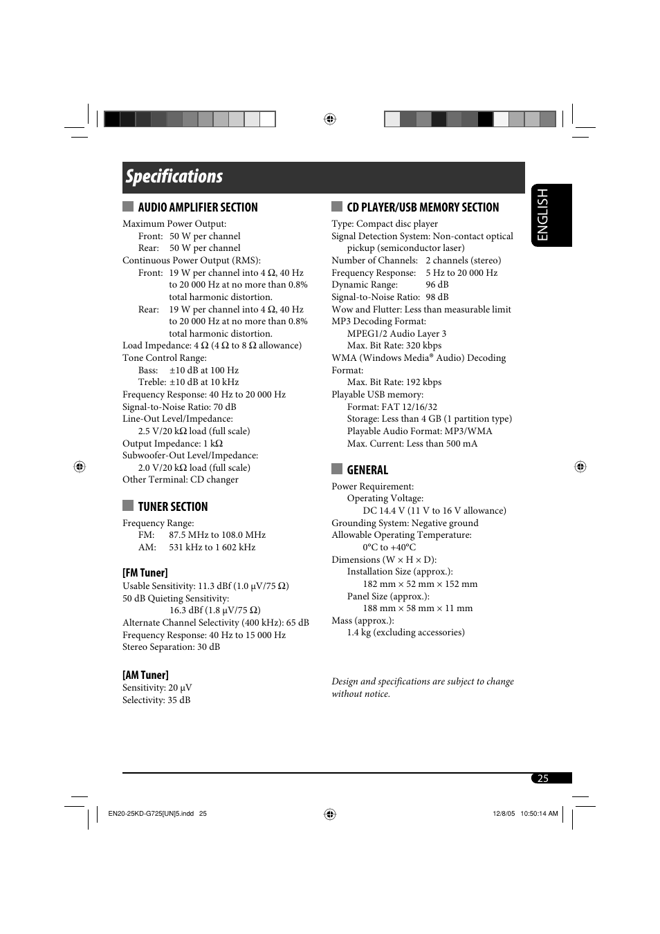 Specifications, English, General | JVC KD-G720 User Manual | Page 121 / 256