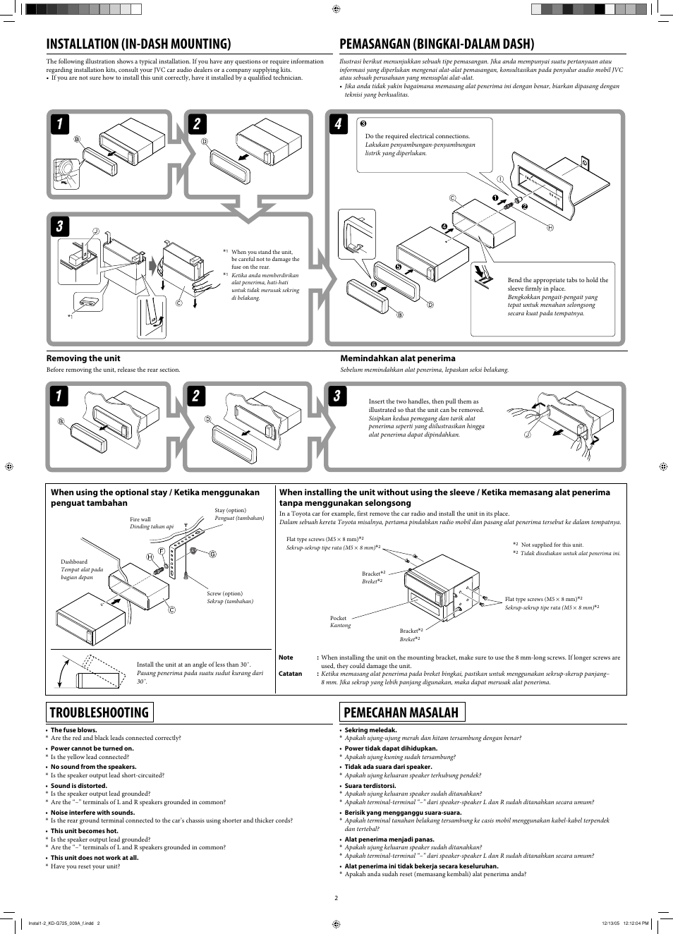 Installation, Troubleshooting, Installation (in-dash mounting) | Pemecahan masalah, Pemasangan (bingkai-dalam dash), Removing the unit, Memindahkan alat penerima | JVC KD-G720 User Manual | Page 124 / 256