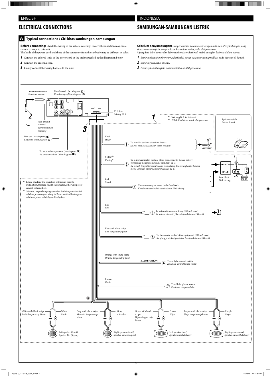 Electrical connections, Electrical connections sambungan-sambungan listrik, English indonesia | JVC KD-G720 User Manual | Page 125 / 256