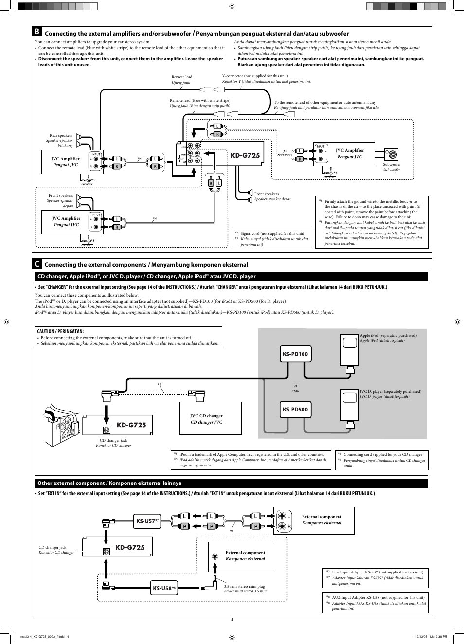 Penyambungan penguat eksternal dan/atau subwoofer, Cd changer, apple ipod, Or jvc d. player / cd changer, apple ipod | Atau jvc d. player | JVC KD-G720 User Manual | Page 126 / 256