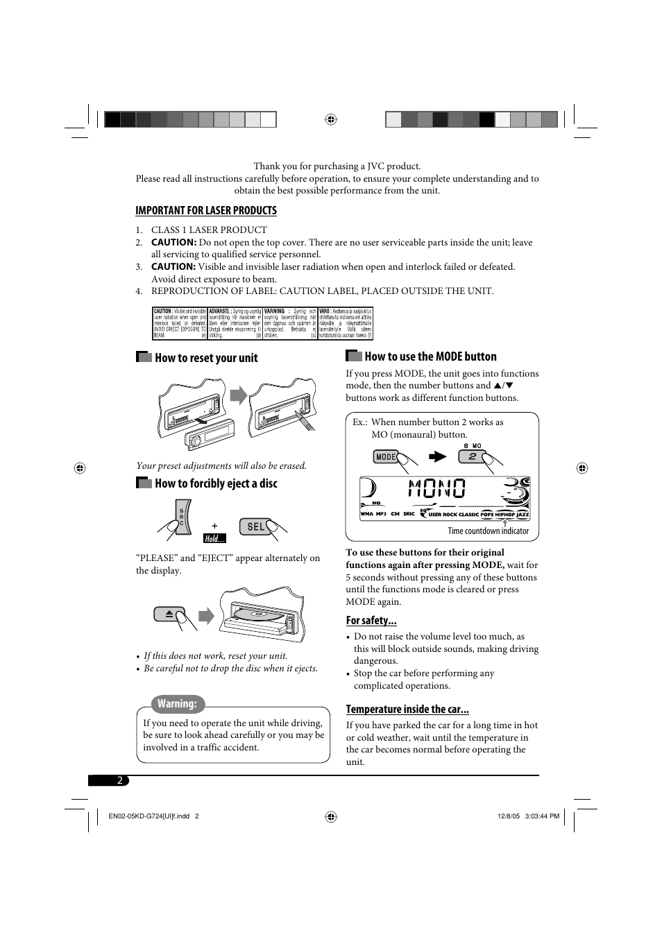 Important for laser products, How to use the mode button, How to reset your unit | How to forcibly eject a disc | JVC KD-G720 User Manual | Page 128 / 256