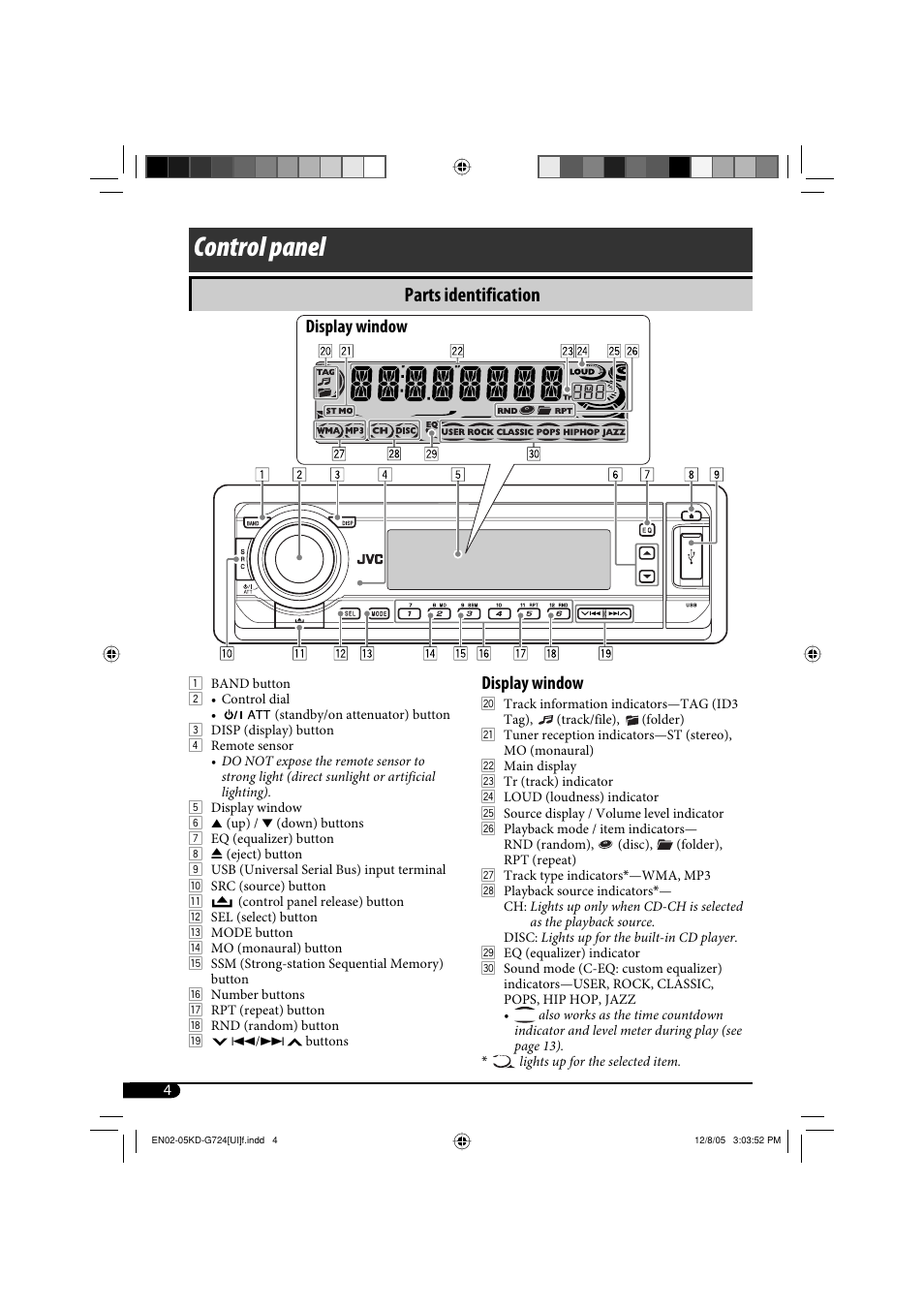 Control panel, Parts identification, Display window | JVC KD-G720 User Manual | Page 130 / 256