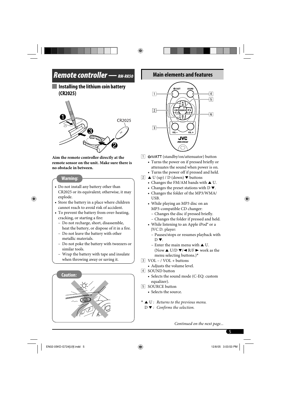 Remote controller, Main elements and features, Installing the lithium coin battery (cr2025) | JVC KD-G720 User Manual | Page 131 / 256