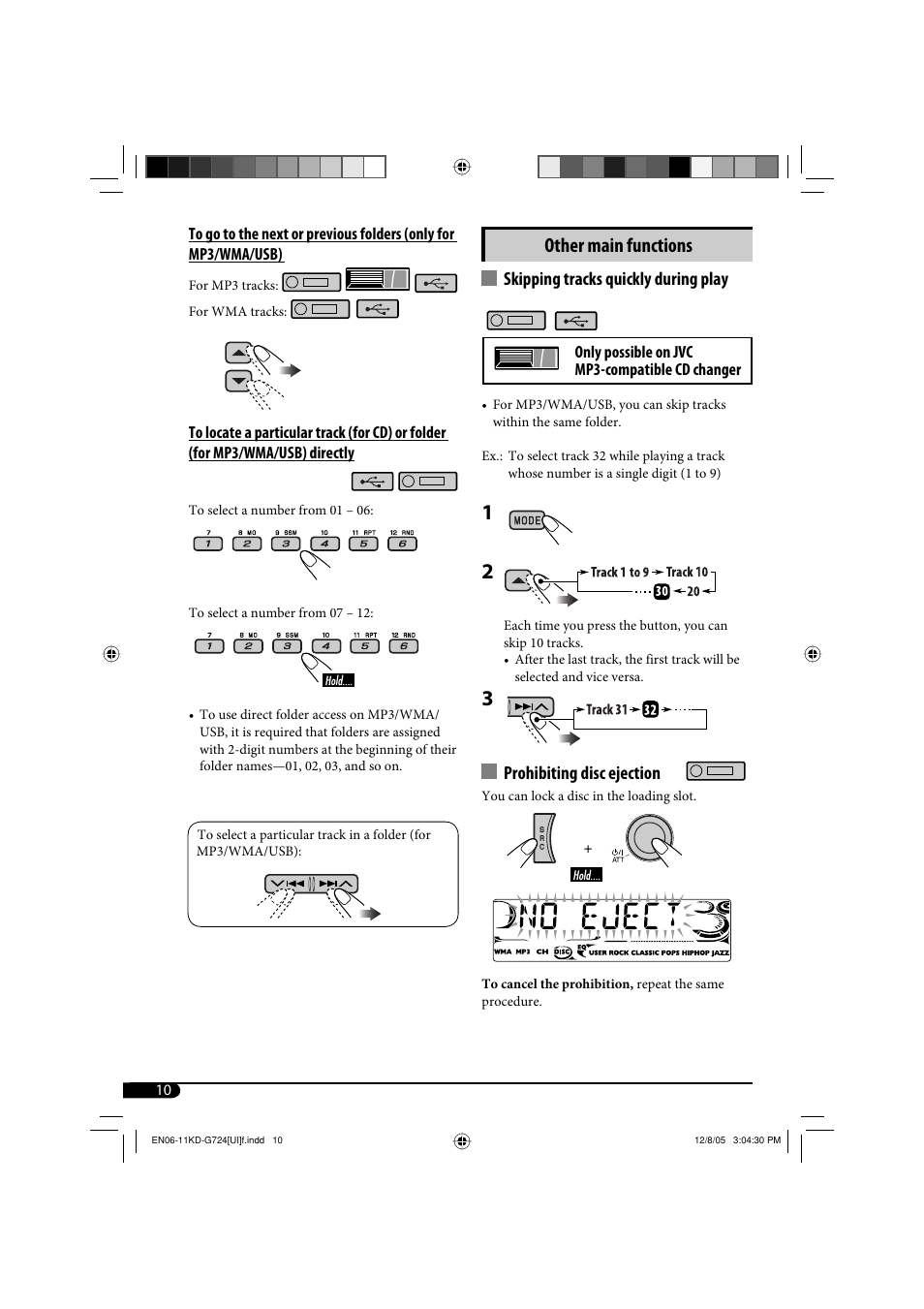 Other main functions, Skipping tracks quickly during play, Prohibiting disc ejection | JVC KD-G720 User Manual | Page 136 / 256