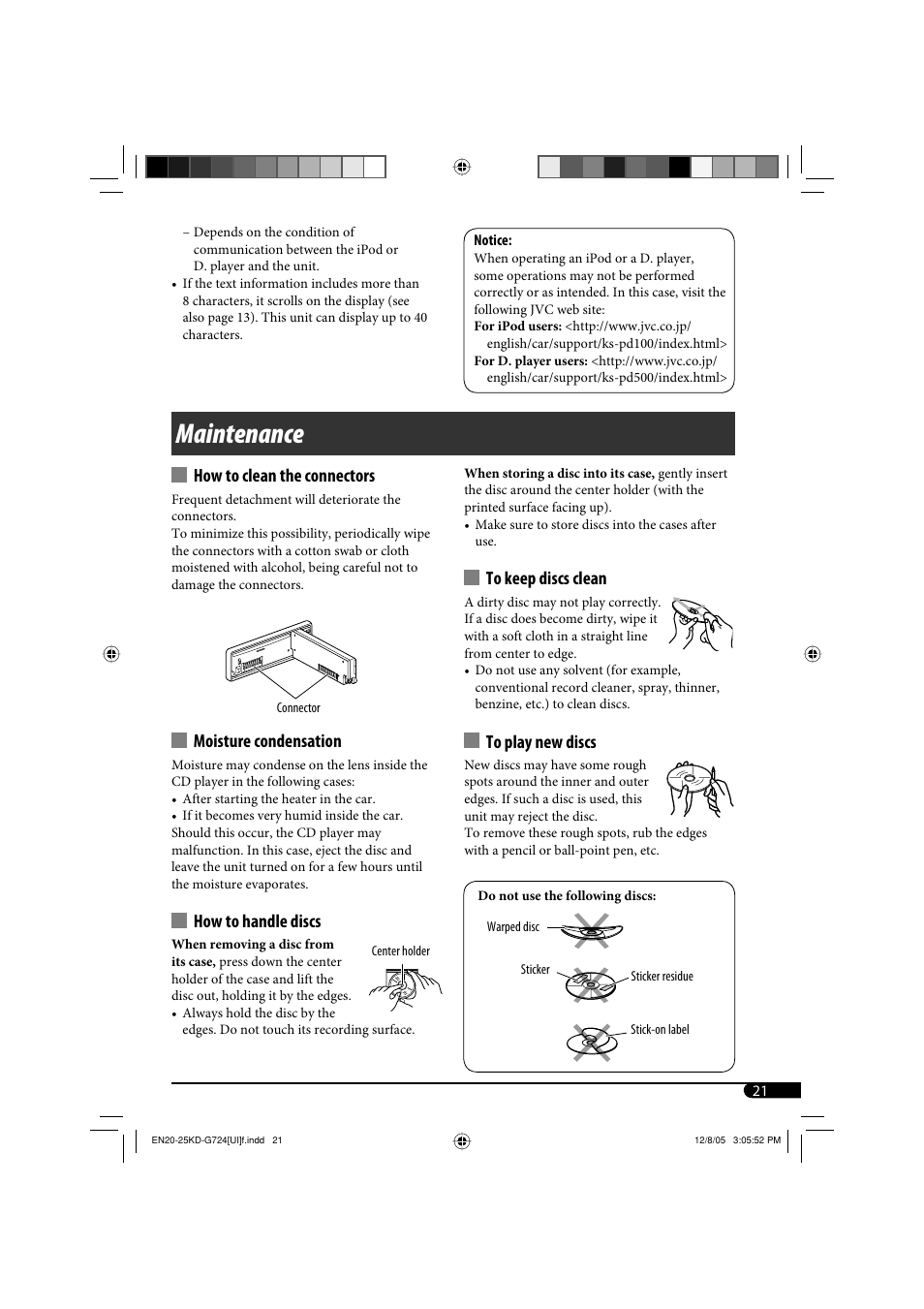 Maintenance, How to clean the connectors, Moisture condensation | How to handle discs | JVC KD-G720 User Manual | Page 147 / 256