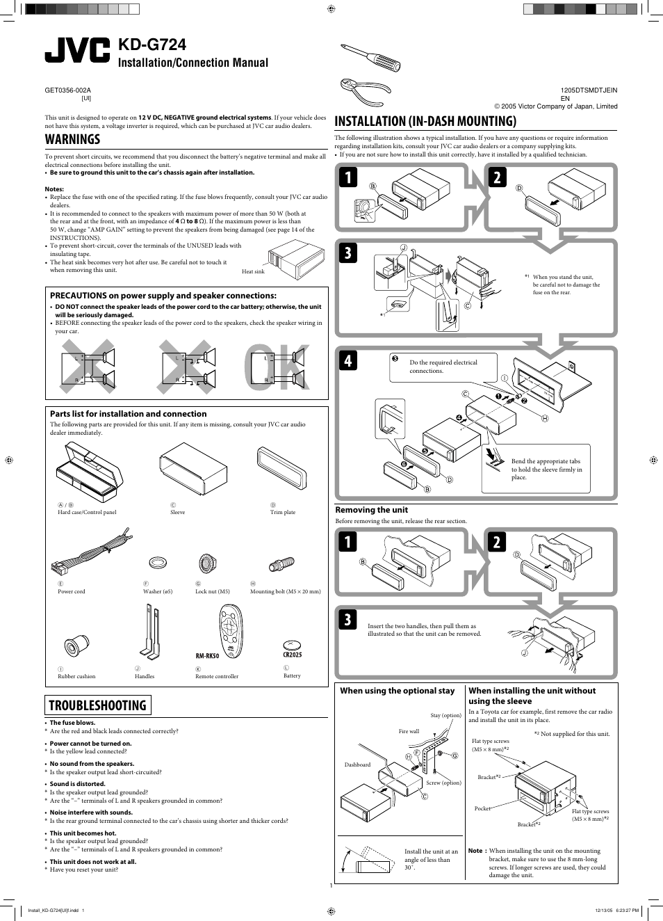 Installation/connection manual, Warnings, Troubleshooting | Installation, Kd-g724, Installation (in-dash mounting), Parts list for installation and connection, Removing the unit, When installing the unit without using the sleeve, When using the optional stay | JVC KD-G720 User Manual | Page 153 / 256