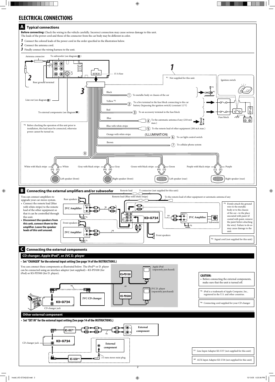 Electrical connections, Typical connections, Connecting the external components | Other external component, Cd changer, apple ipod, Or jvc d. player | JVC KD-G720 User Manual | Page 154 / 256