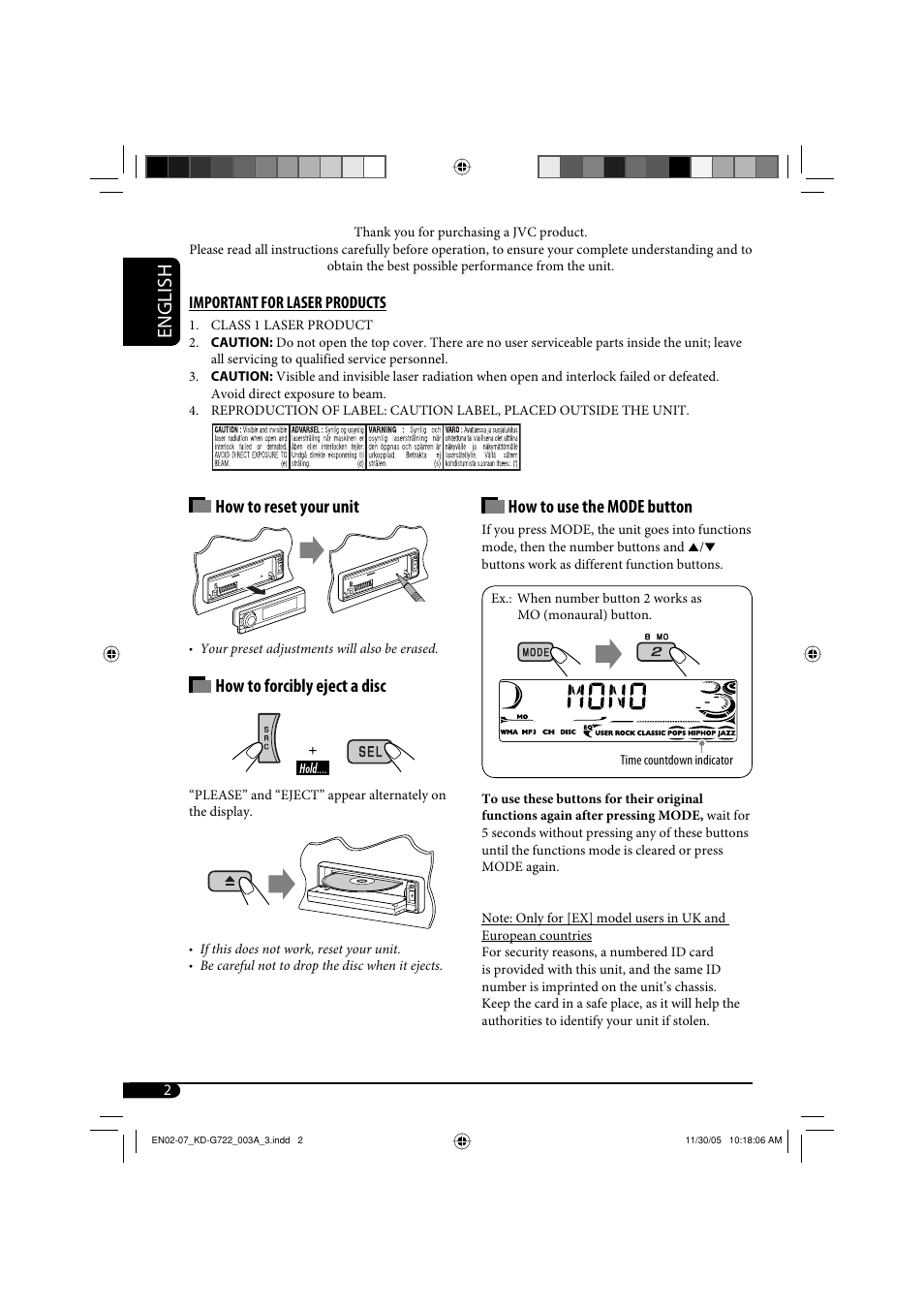 Important for laser products, English, How to use the mode button | How to reset your unit, How to forcibly eject a disc | JVC KD-G720 User Manual | Page 156 / 256