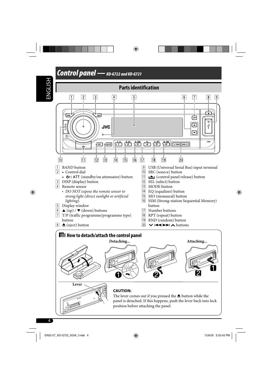 Control panel, English, Parts identification | How to detach/attach the control panel | JVC KD-G720 User Manual | Page 158 / 256